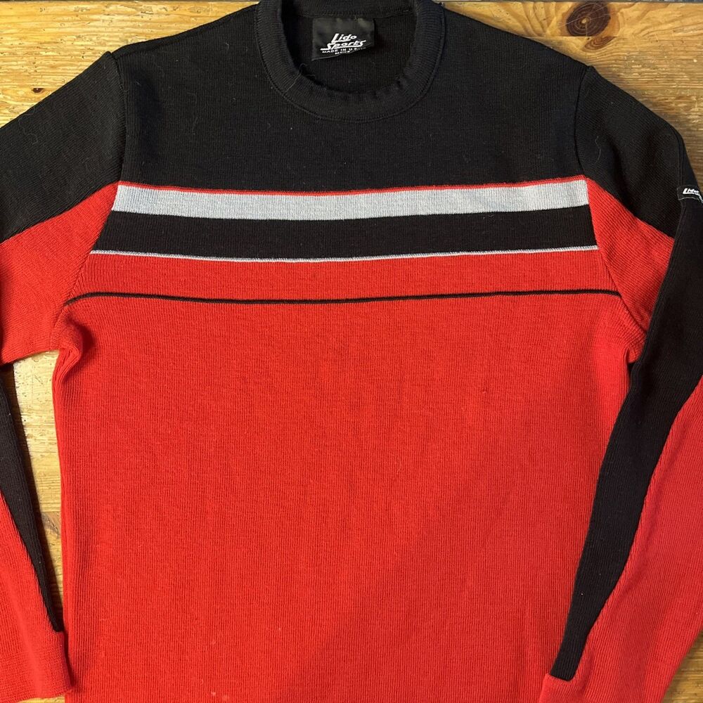 Vintage Ski Sweater Wool Stripes Lido Sports Pullover Mens M 80s 90s Red Black